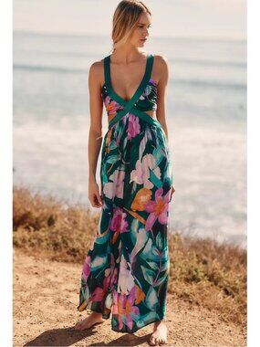 Brinley ANTHROPOLOGIE V-neck open back jumpsuit XL emerald green floral wide leg